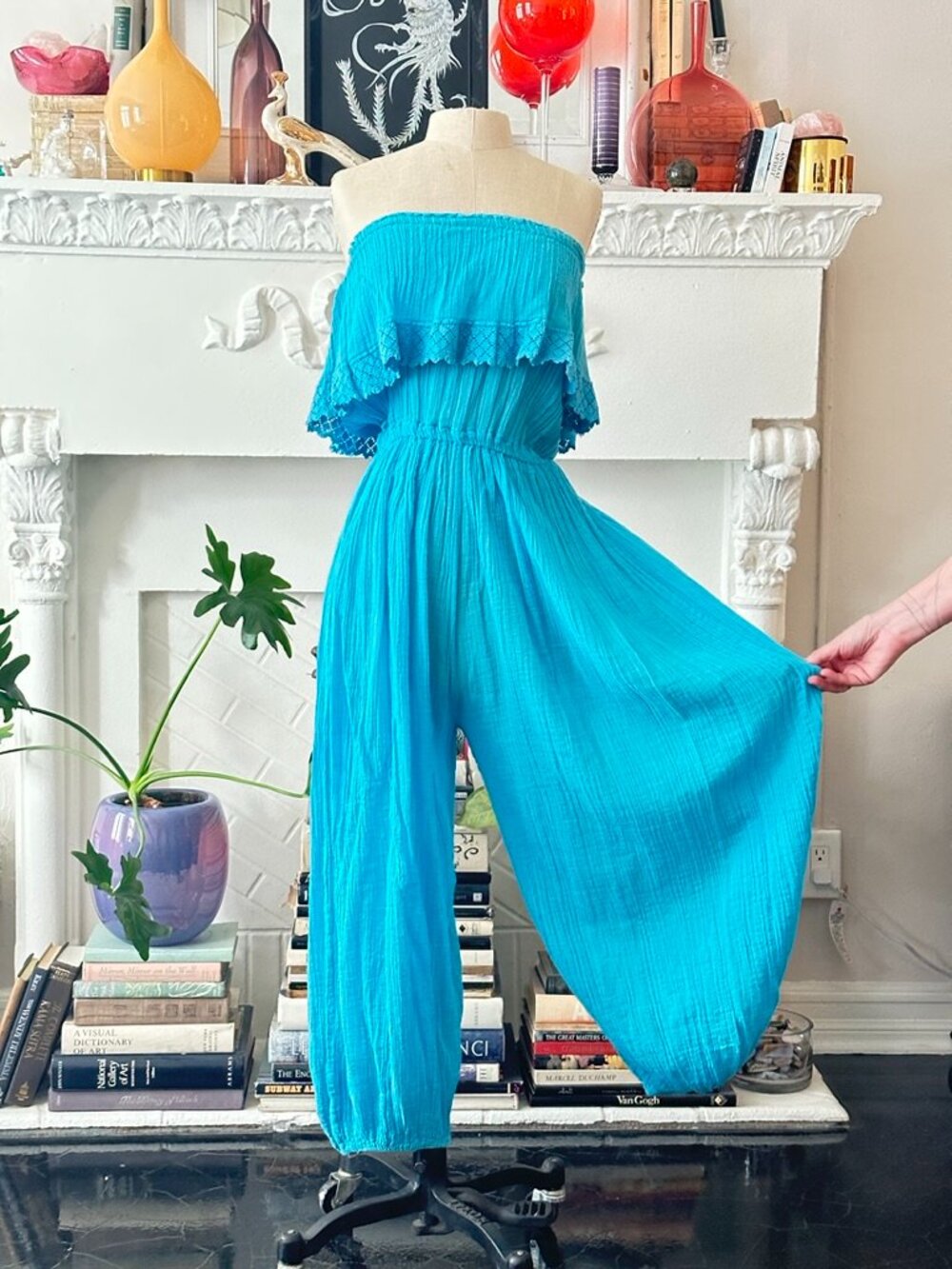 VTG 70s Turquoise Mexican Cotton Gauze + Crochet Sexy Strapless Romper/Jumpsuit